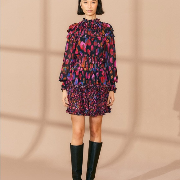 Small Farm RIO Black Iridescent Leopards Ruffle Mini Dress / Worn Only Once - Picture 2 of 5